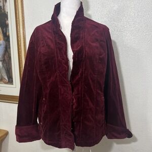 AMX Women Jacket Ruffle Trim Pockets Long Sleeve  Size XL Velvet Stretch